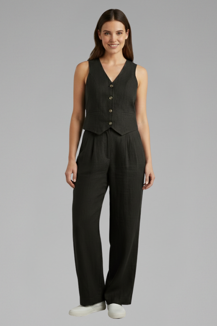 Selmira | Tweedelige damesoutfit – Top met V-hals en soepelvallende broek met wijde pijpen