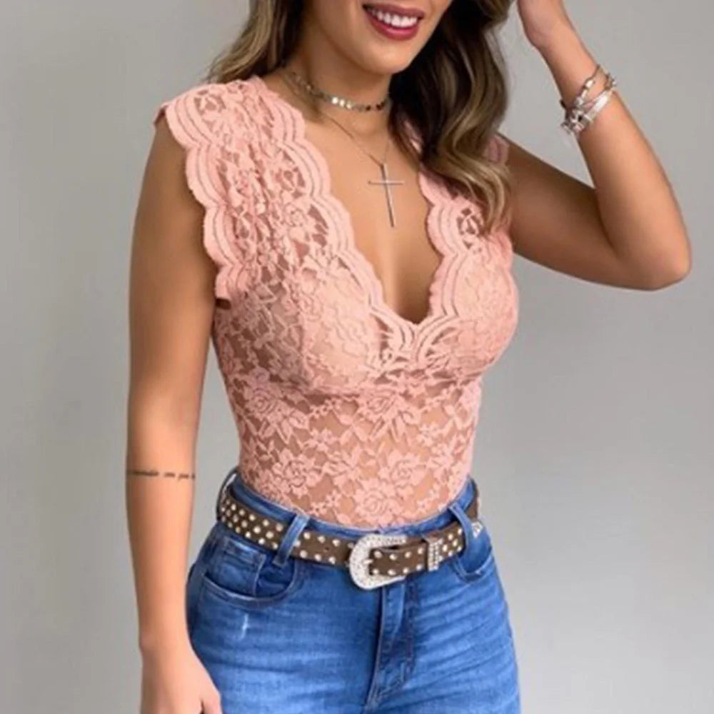 Tamora | Dames V-hals Kant Mouwloze Top – Elegante Slim Fit Zomerblouse