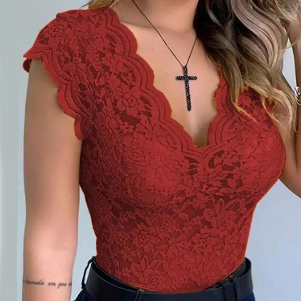 Tamora | Dames V-hals Kant Mouwloze Top – Elegante Slim Fit Zomerblouse