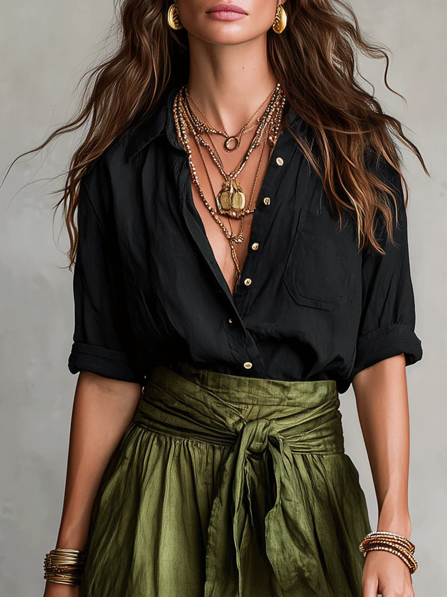 Cassidy | Linnen 2-delige Set voor Dames – Blouse met Lange Mouwen & Rok met Strik in de Taille