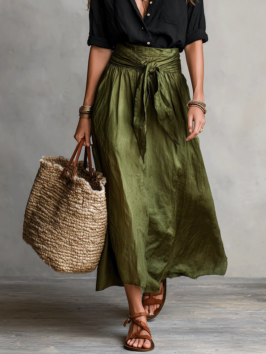 Cassidy | Linnen 2-delige Set voor Dames – Blouse met Lange Mouwen & Rok met Strik in de Taille