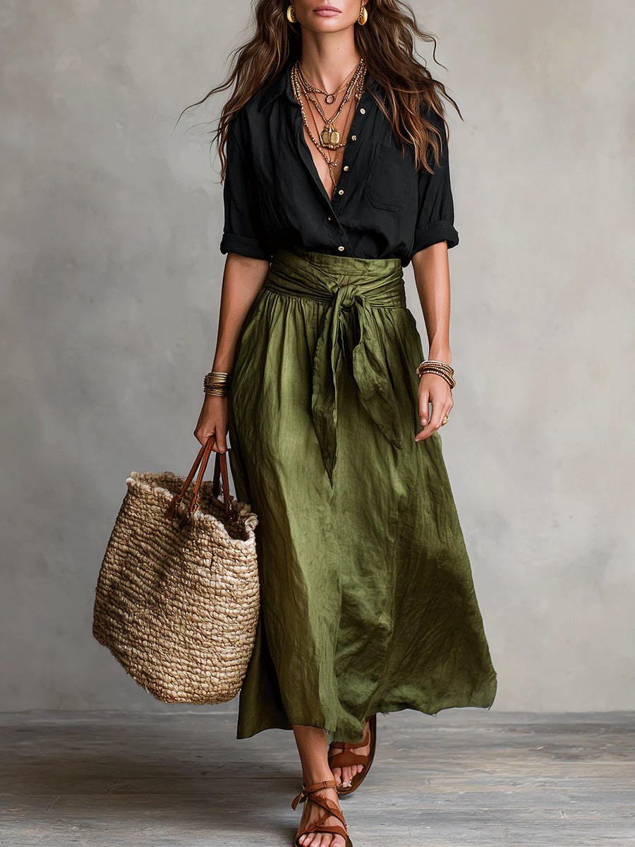 Cassidy | Linnen 2-delige Set voor Dames – Blouse met Lange Mouwen & Rok met Strik in de Taille