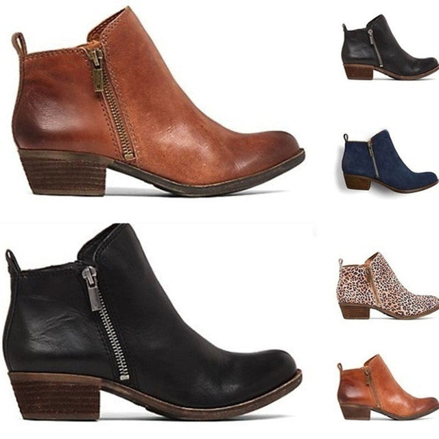 Yvra | Bottines en cuir à fermeture éclair latérale - talon épais, bout rond, style tendance