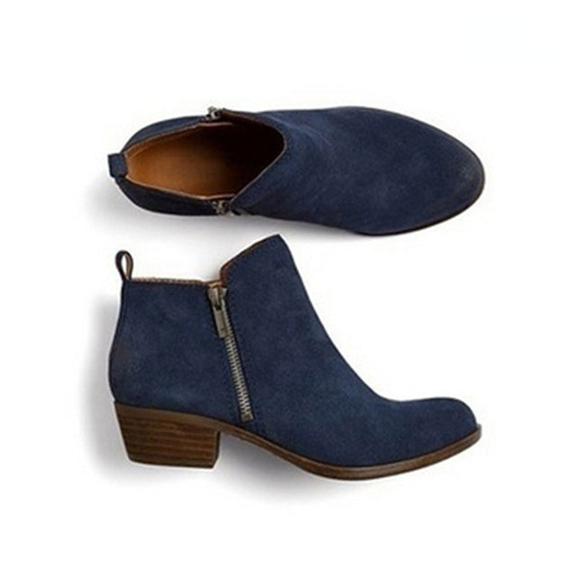 Yvra | Bottines en cuir à fermeture éclair latérale - talon épais, bout rond, style tendance