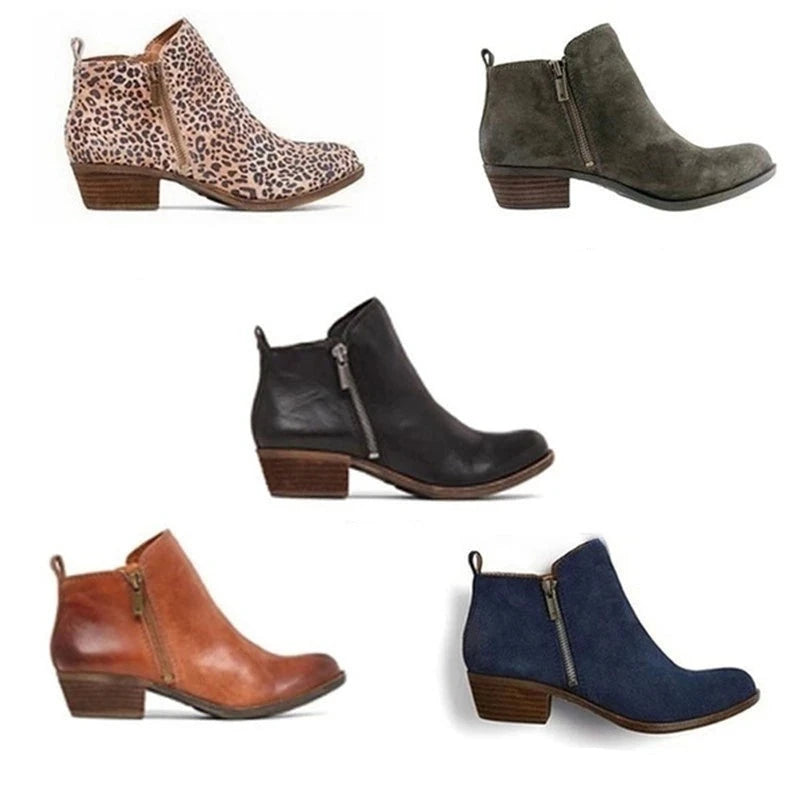 Yvra | Bottines en cuir à fermeture éclair latérale - talon épais, bout rond, style tendance