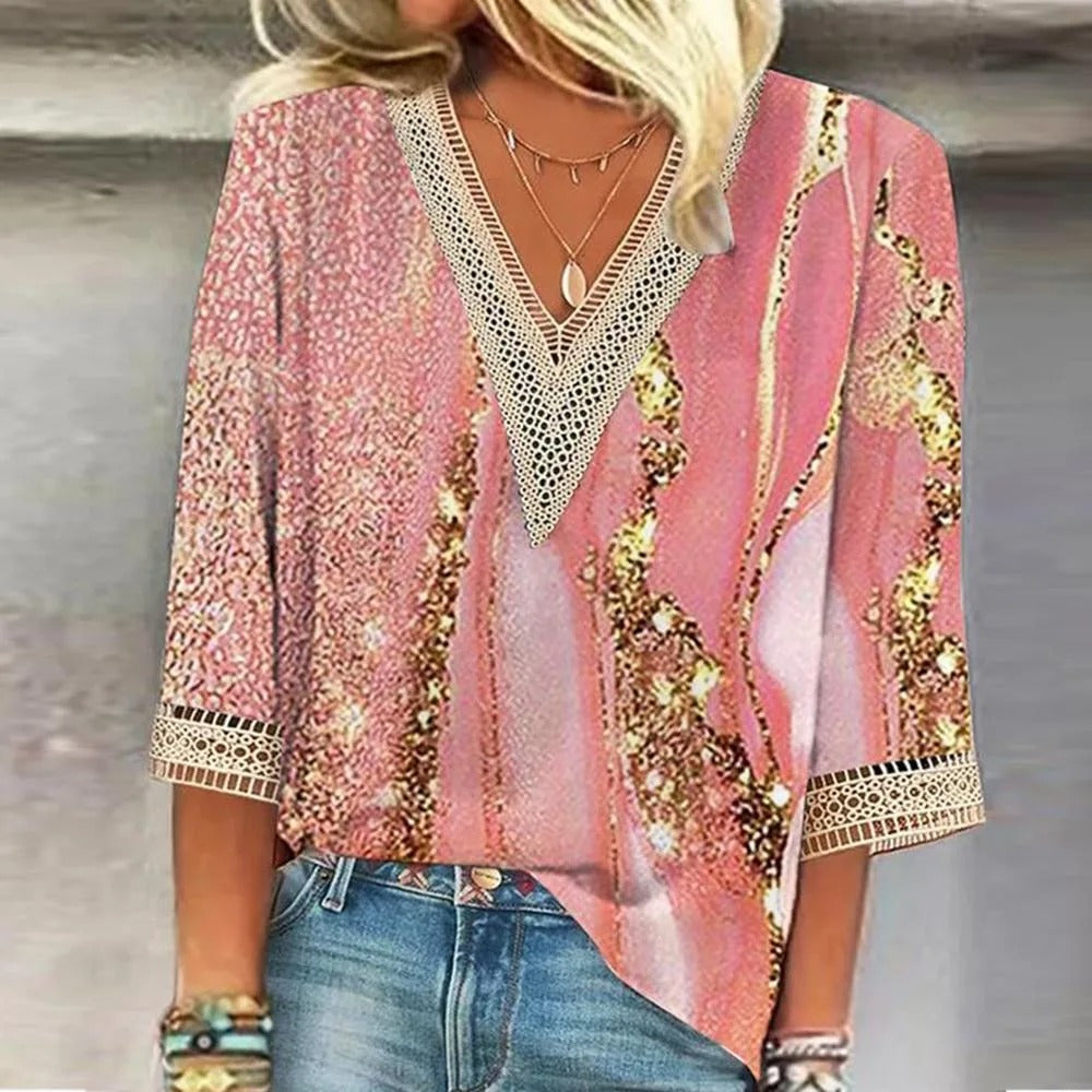 Perrina | Dames V-hals blouse – Ademend, driekwart mouw, lichte casual top