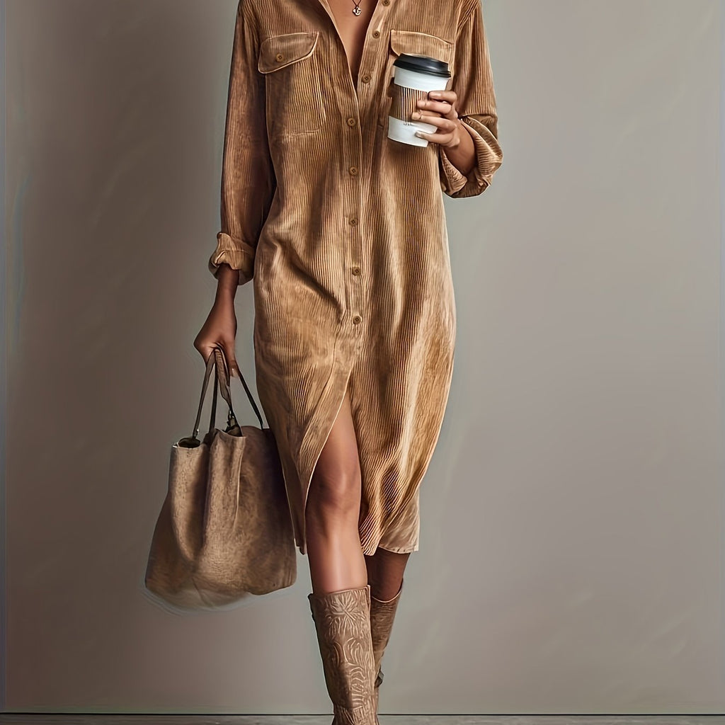 Vinaya | Elegante corduroy shirtjurk voor dames met zakken, casual werkkledingstijl