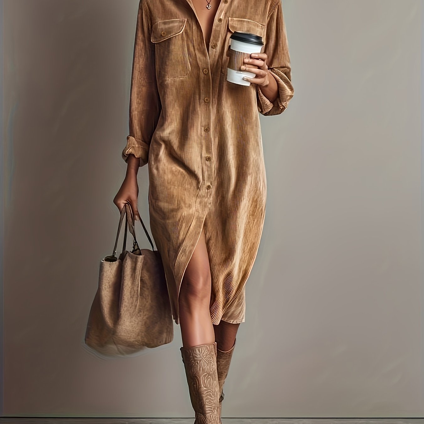 Vinaya | Elegante corduroy shirtjurk voor dames met zakken, casual werkkledingstijl