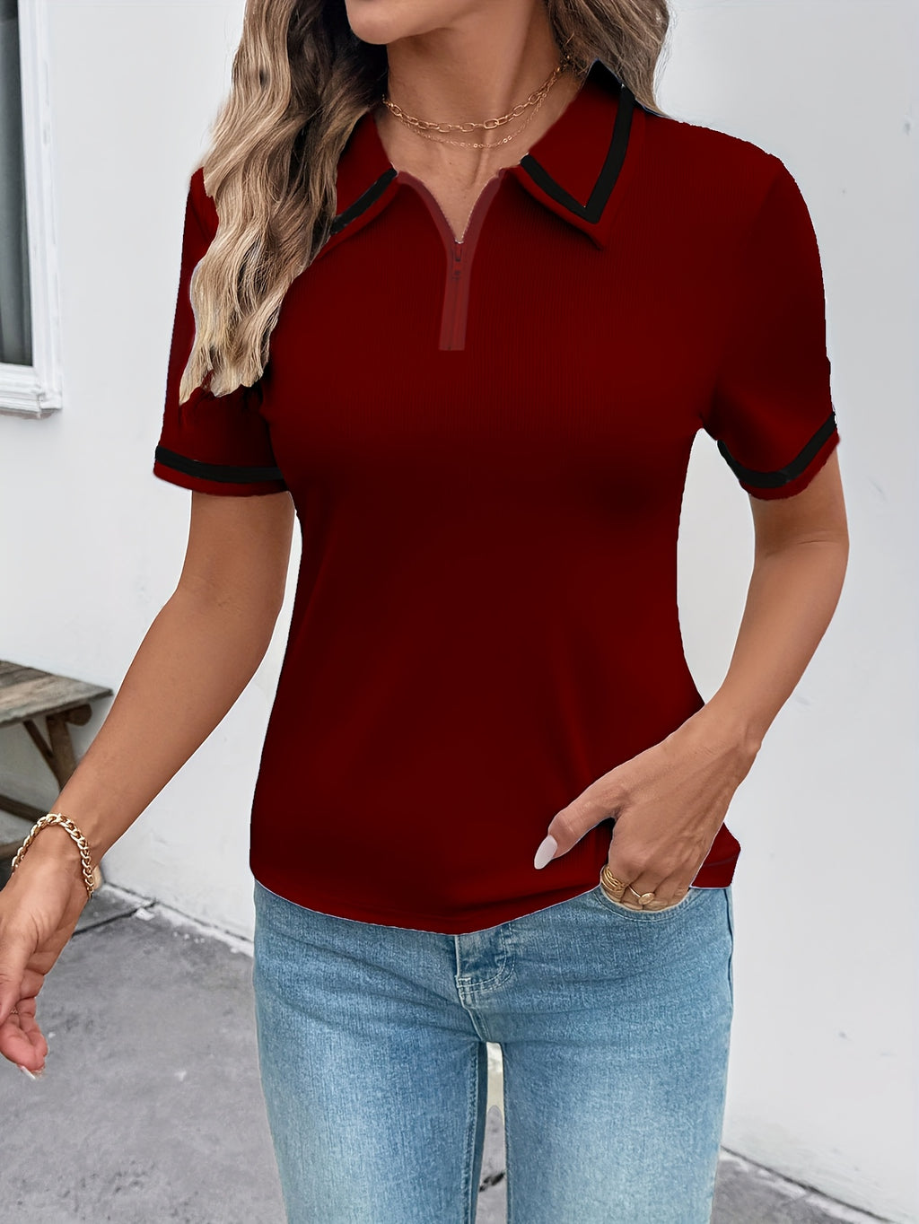 Yza | Geribbeld poloshirt voor dames, korte mouwen, reverskraag, slanke pasvorm