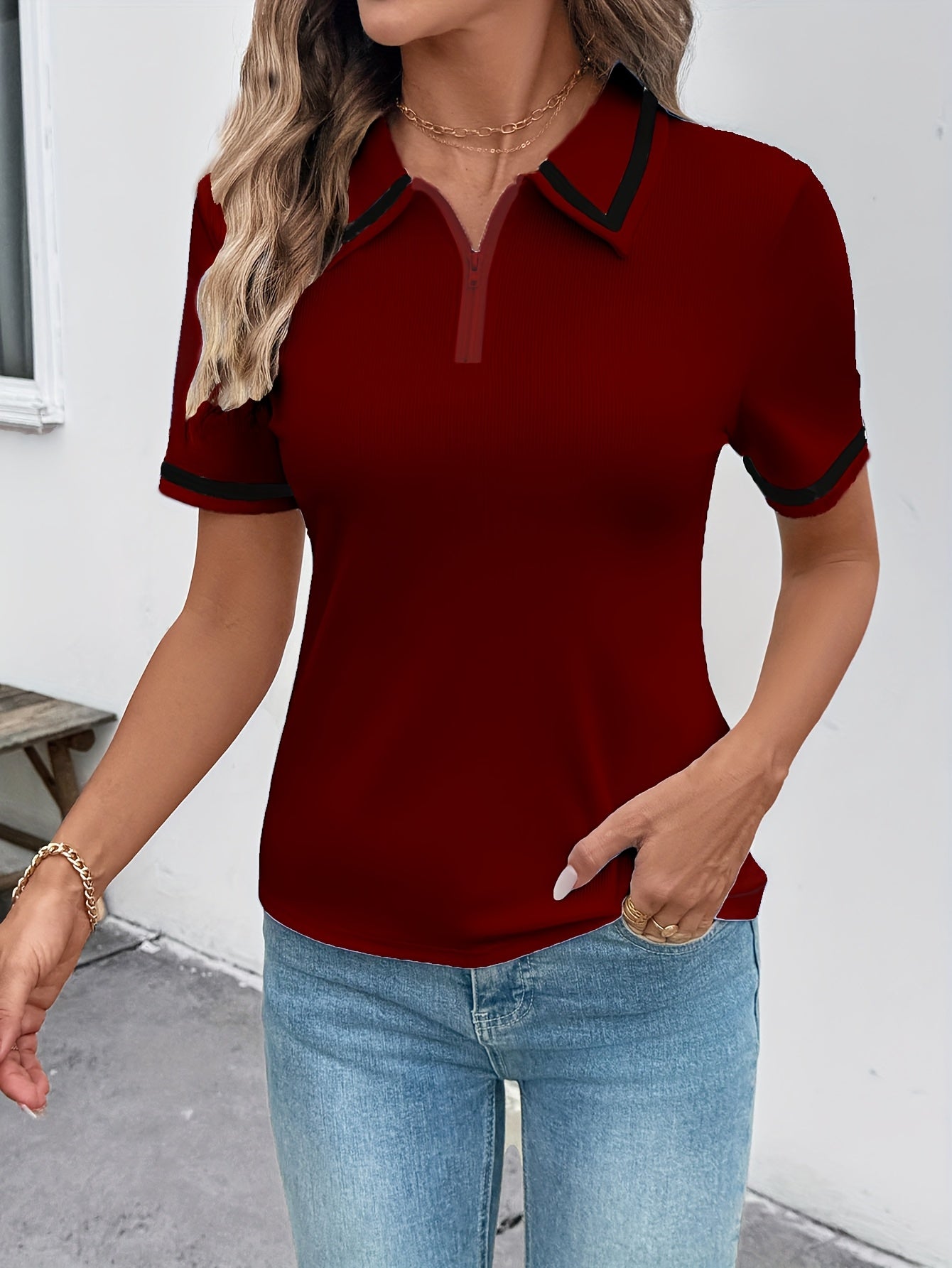 Yza | Geribbeld poloshirt voor dames, korte mouwen, reverskraag, slanke pasvorm