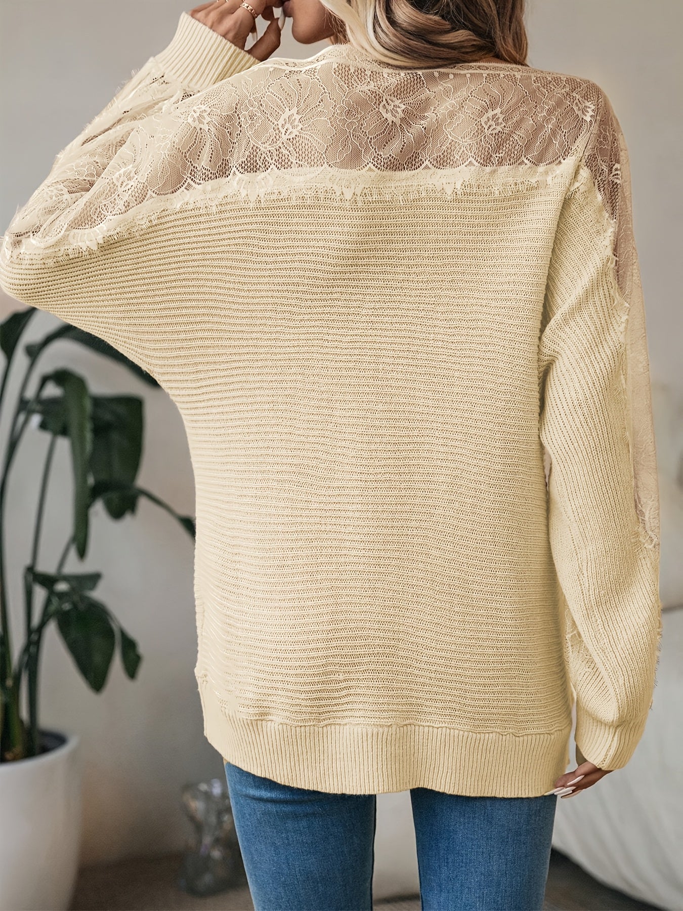 Tavielle | Dames Patchwork Kant Trui – Pullover met Boothals en Batwing Mouwen