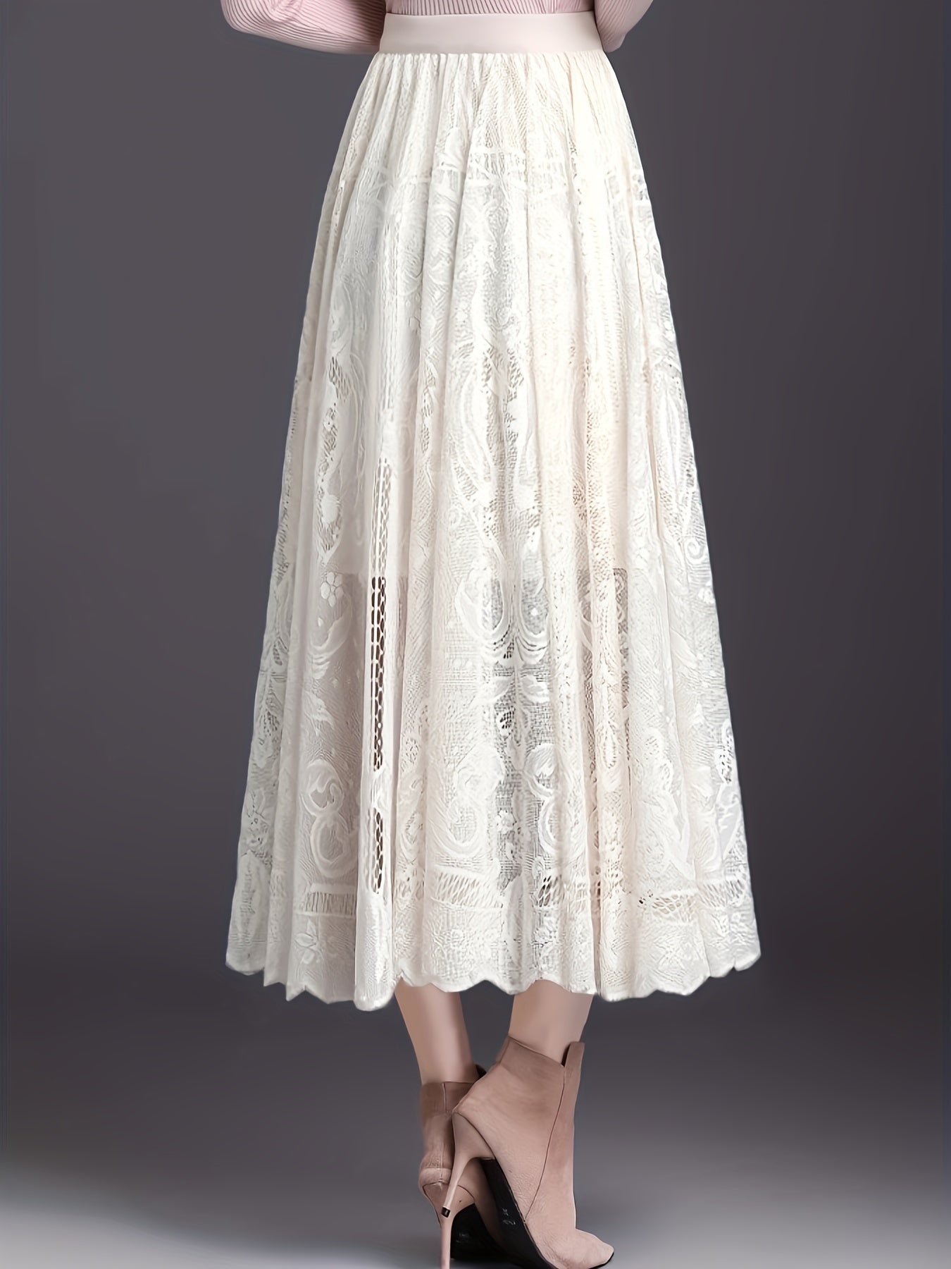 Gisla | Elegante A-lijn rok met kant - holle schulprand, casual midi-rok voor vrouwen