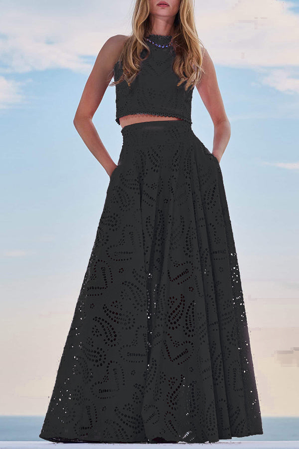 Jexinae | Elegante 2-delige dames set – Mouwloze geborduurde crop top & soepelvallende wijde broek