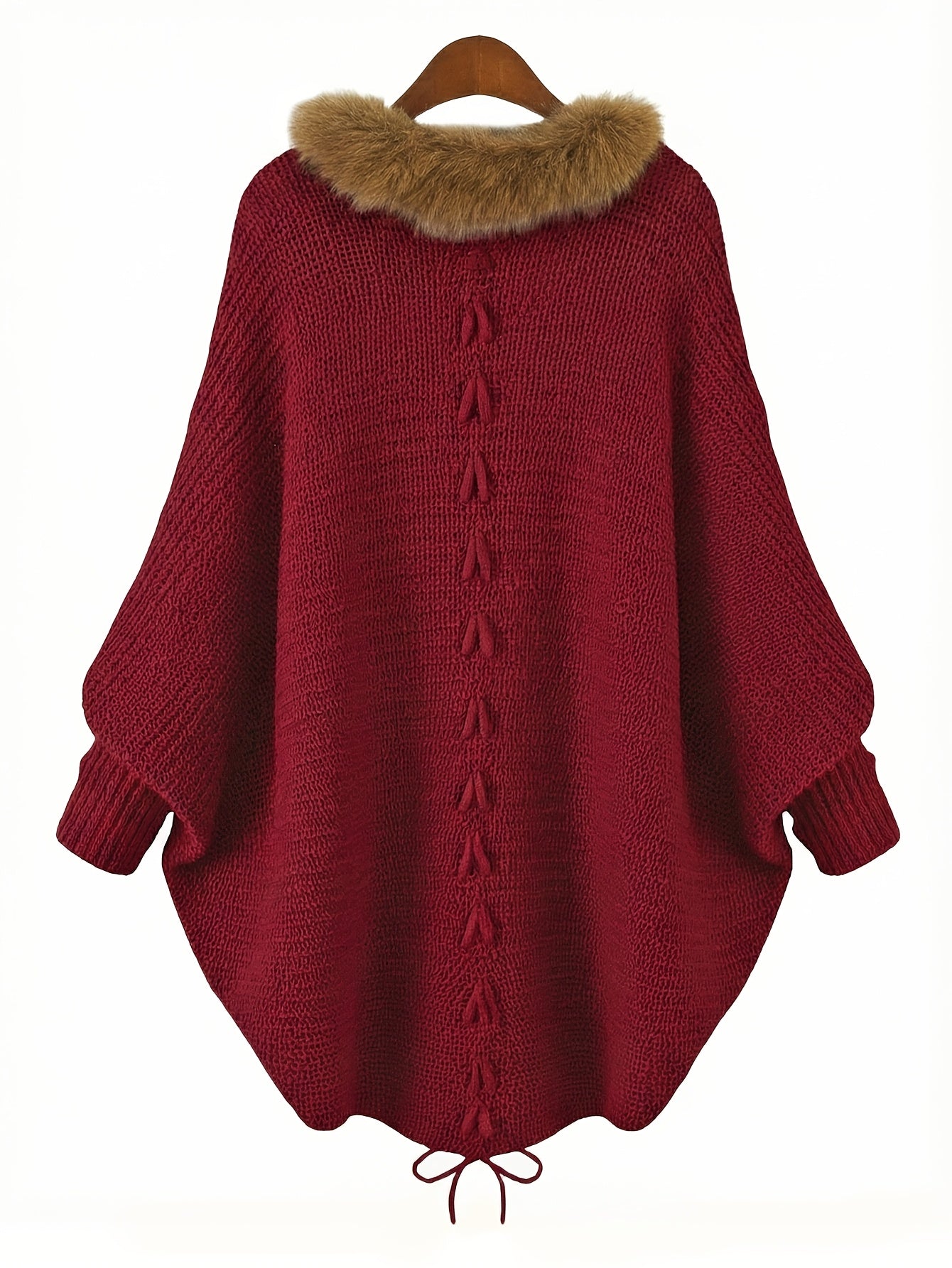 Aemilia | Dikke cape-jas voor dames – met nepbontrand, kabelbreiwerk, warme herfst- en winterjas