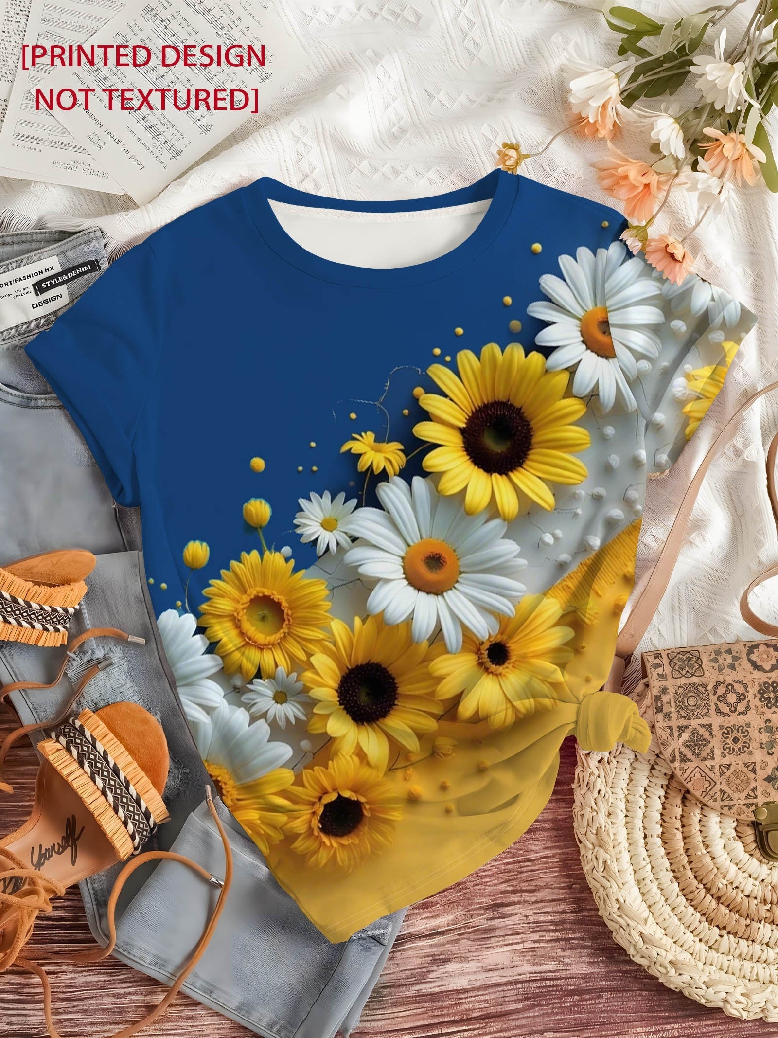 Nyzirelen | Dames-T-shirt met zonnebloemenprint – Casual zomertop met ronde hals