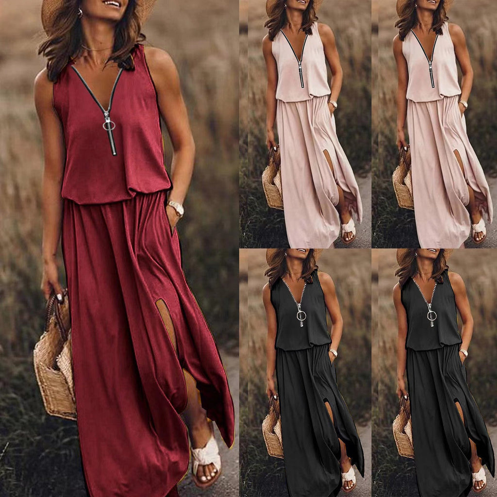 Avyelle | Dames Vloeiende Maxi-jurk – Mouwloze Casual Zomerjurk met Halve Rits