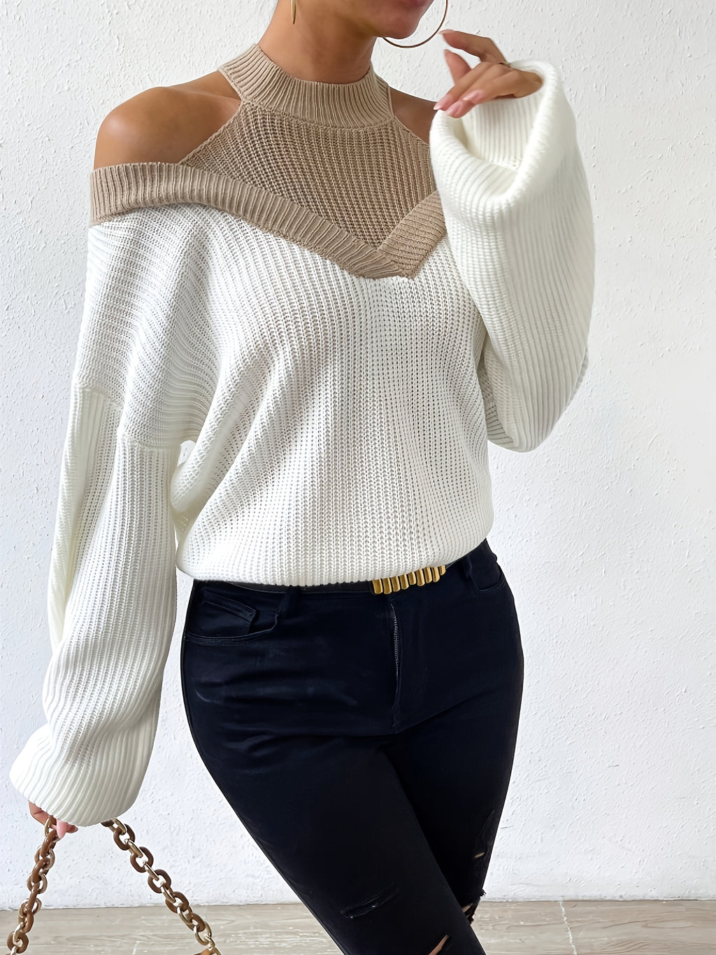 Dorevina | Dames Geribde Top met Kleurblokken en Off-Shoulder – Elegante Slim Fit Modeblouse