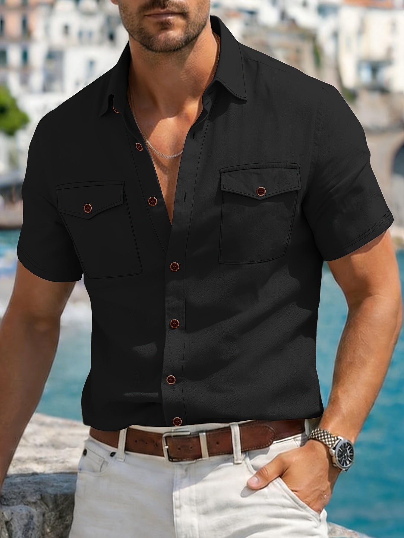 Cyro | Heren zomers linnen overhemd met korte mouwen – casual cardigan-stijl button-up top