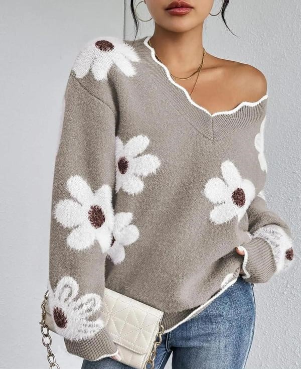 Frisia | Pull fleuri élégant pour femme avec bord festonné – Hauts décontractés et chics