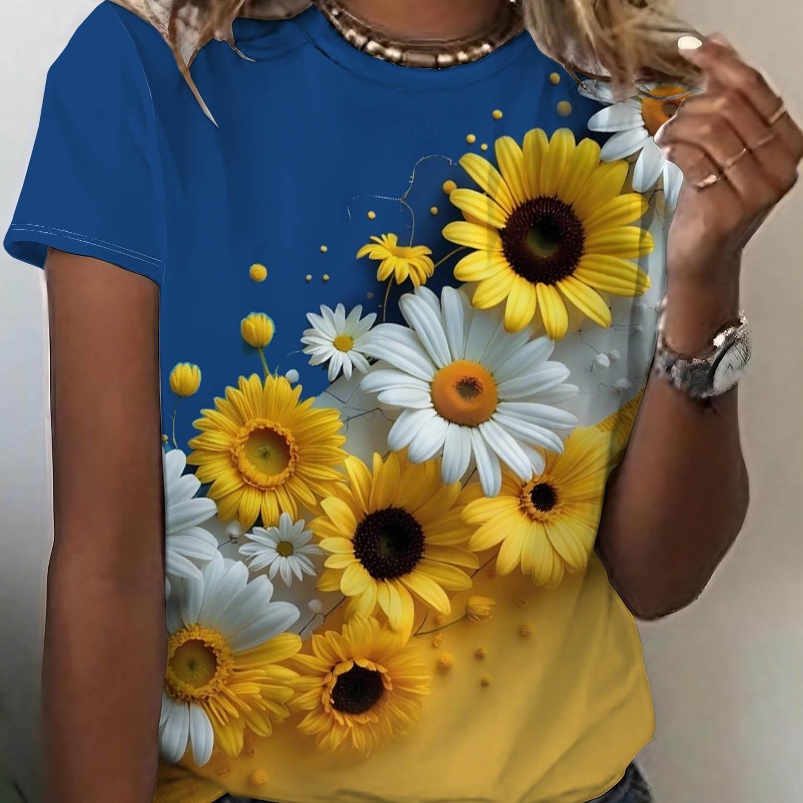 Nyzirelen | Dames-T-shirt met zonnebloemenprint – Casual zomertop met ronde hals