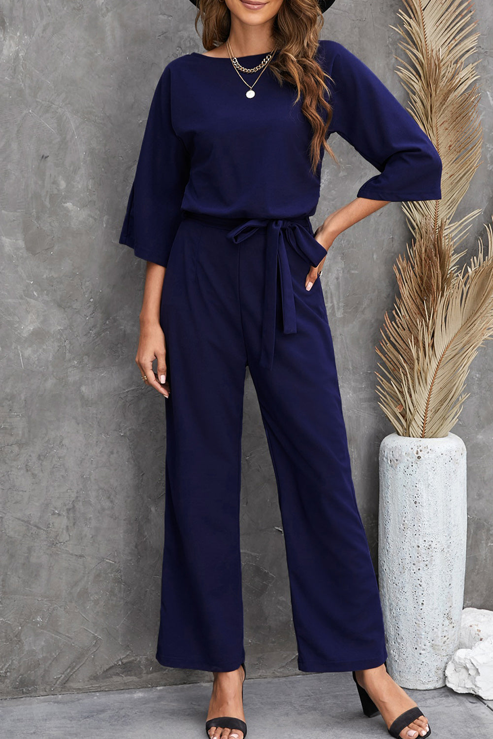 Halvoria | Dames Blauwe Elegante Jumpsuit – Met Polslange Mouwen, Tailleceintuur en Wijde Pijpen