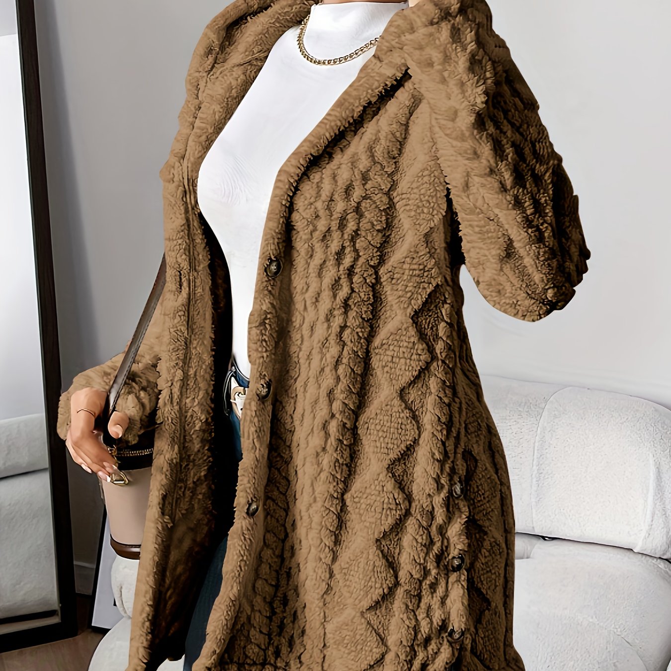 Palithra | Flauschiger, langer Damen-Kapuzencardigan – Lockere Passform, weiches Kunstfell für Herbst &amp; Winter