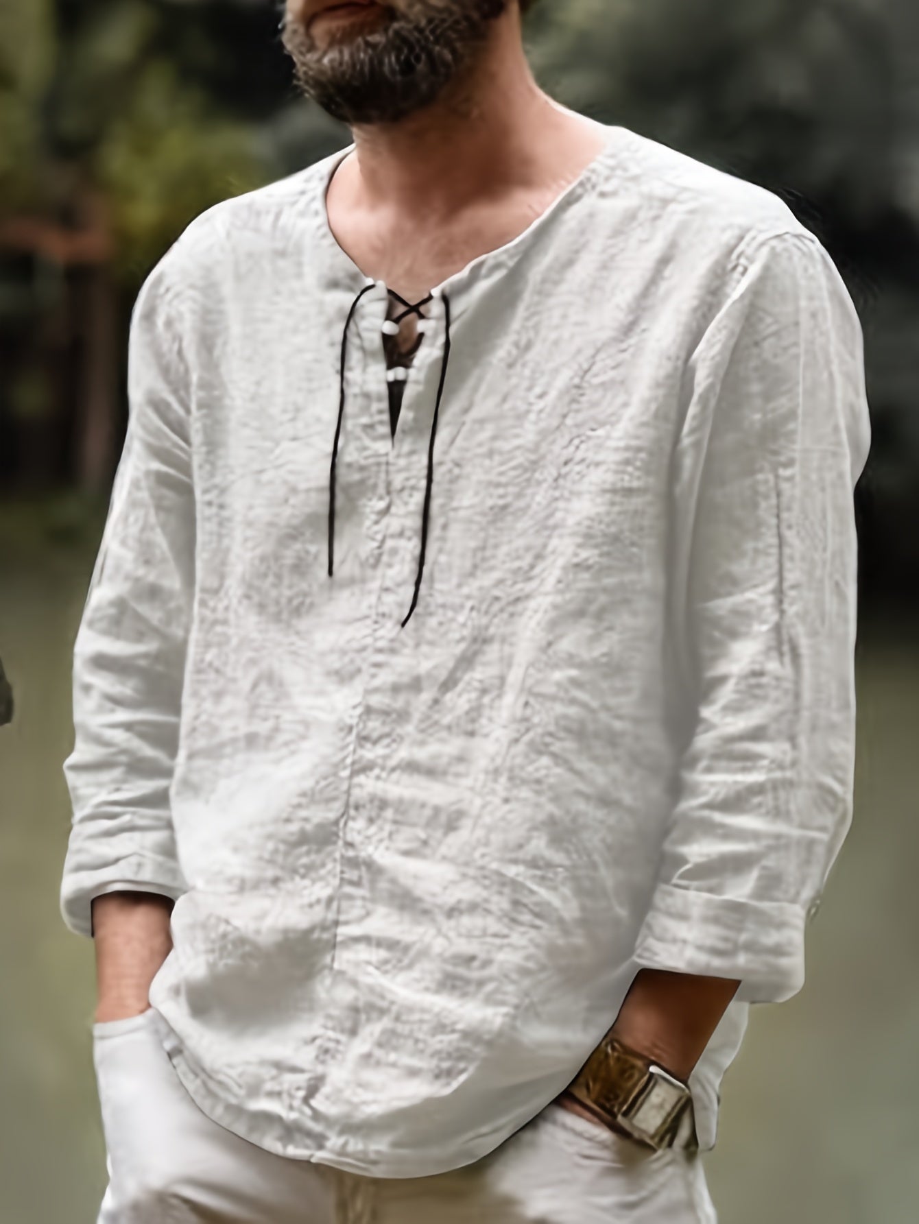 Arne | Chemise homme en coton et lin - manches longues, coupe ample décontractée, col à nouer