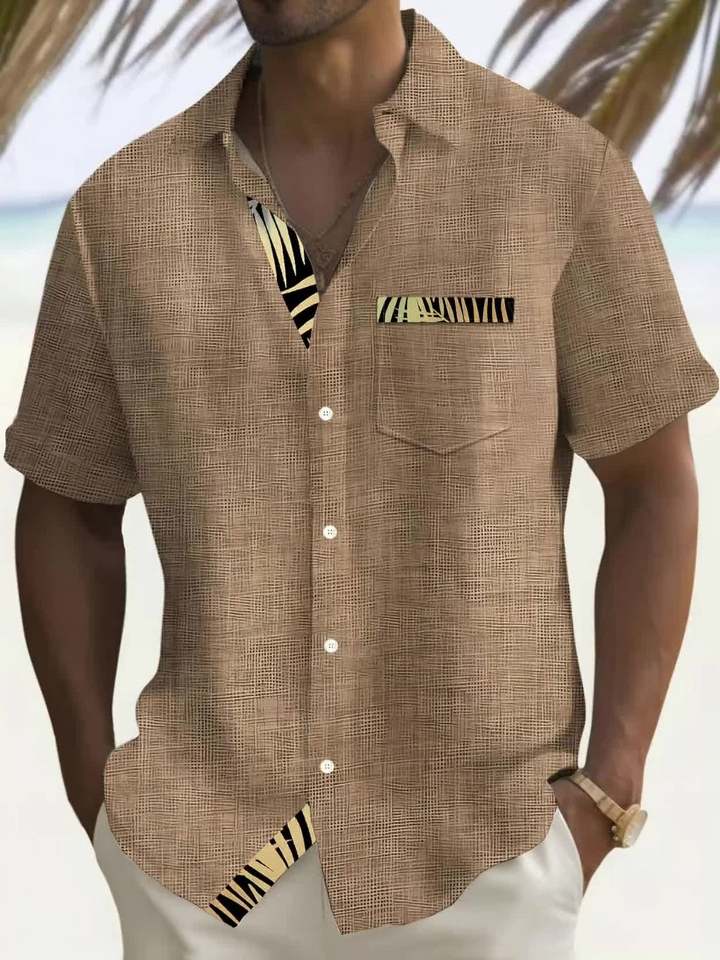 Caelum | Herenoverhemd met tropisch bladmotief – Hawaiiaans model met korte mouwen en knoopsluiting