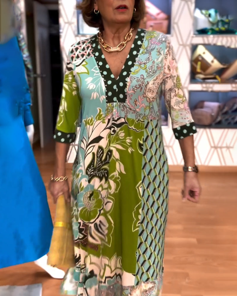 Ivexina | V-hals maxi-jurk voor dames – 3/4 mouwen, bedrukt, casual zomerjurk