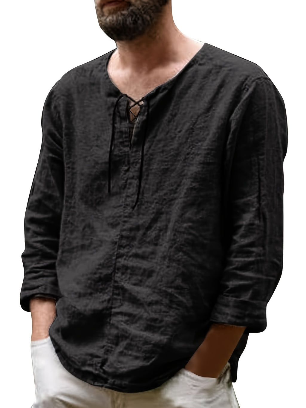 Arne | Chemise homme en coton et lin - manches longues, coupe ample décontractée, col à nouer