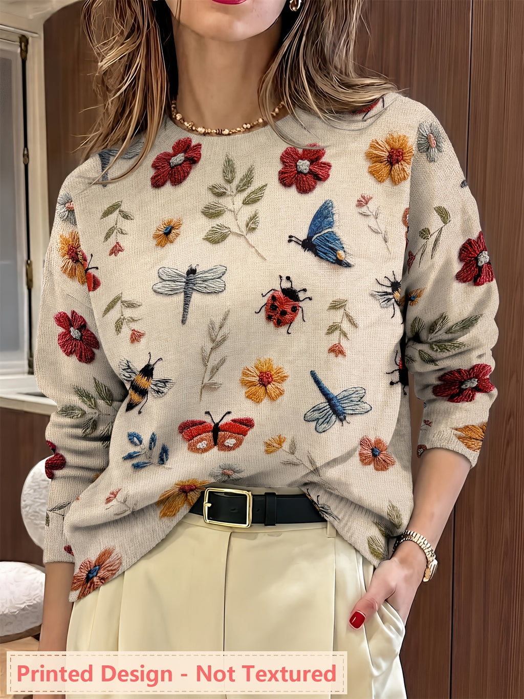 Jessamine | Dames Sweater met All-Over Insecten- en Bloemenprint