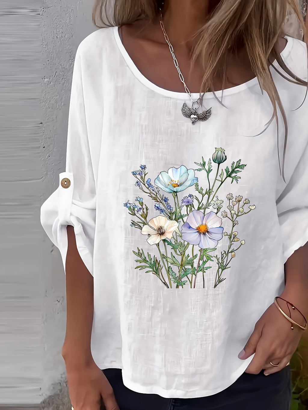 Lunelle | Elegant dames-T-shirt met bloemenprint en ronde hals – Casual, losse pasvorm, knoopjes, lente