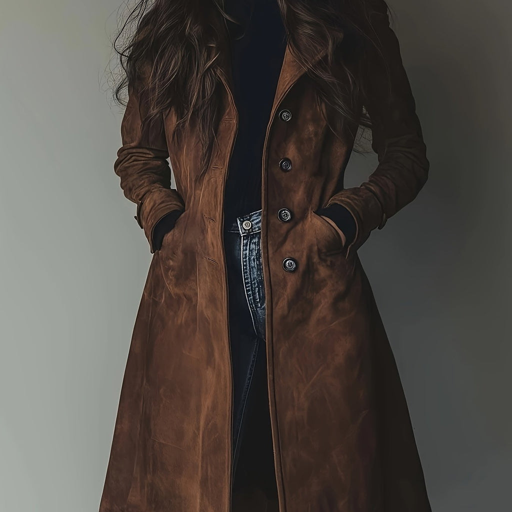Forynne | Trench-coat vintage en daim pour femme – Élégant modèle à simple boutonnage et coupe en H