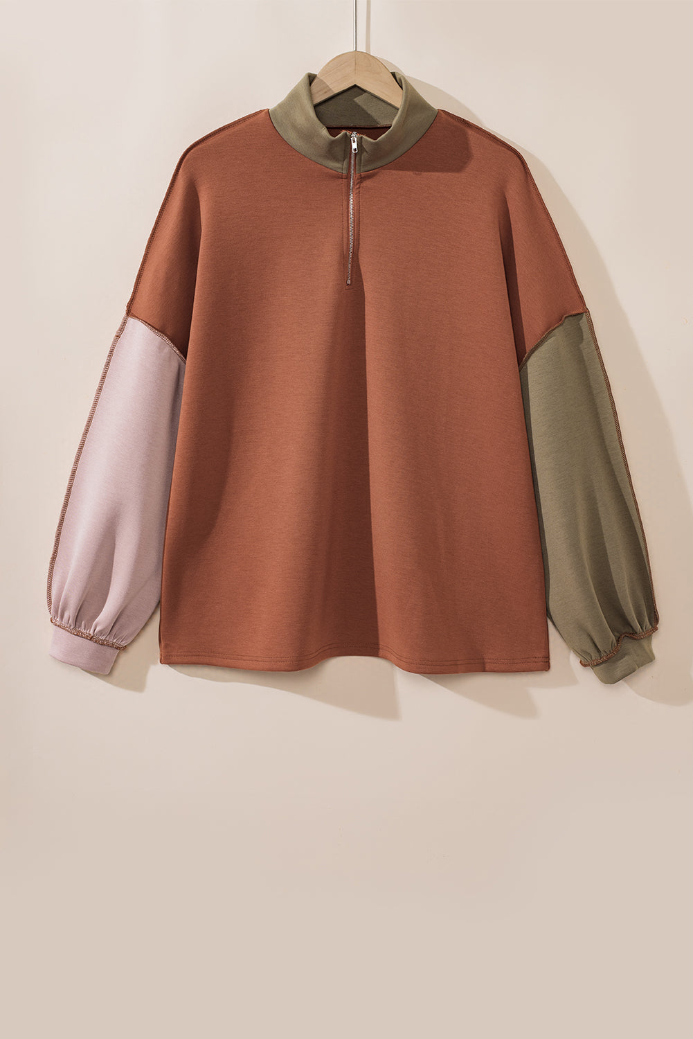Elsinya | Pull à col zippé color block - Pull en maille tricolore à coutures apparentes, coupe décontractée