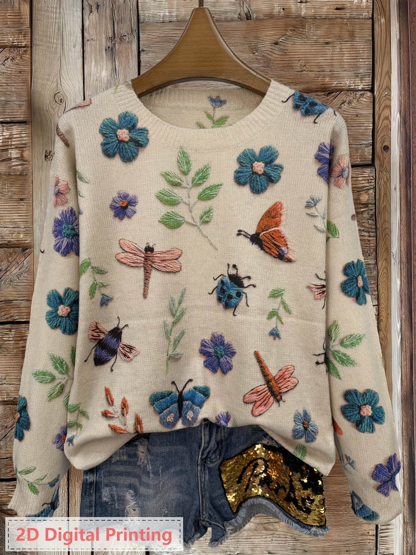 Jessamine | Dames Sweater met All-Over Insecten- en Bloemenprint