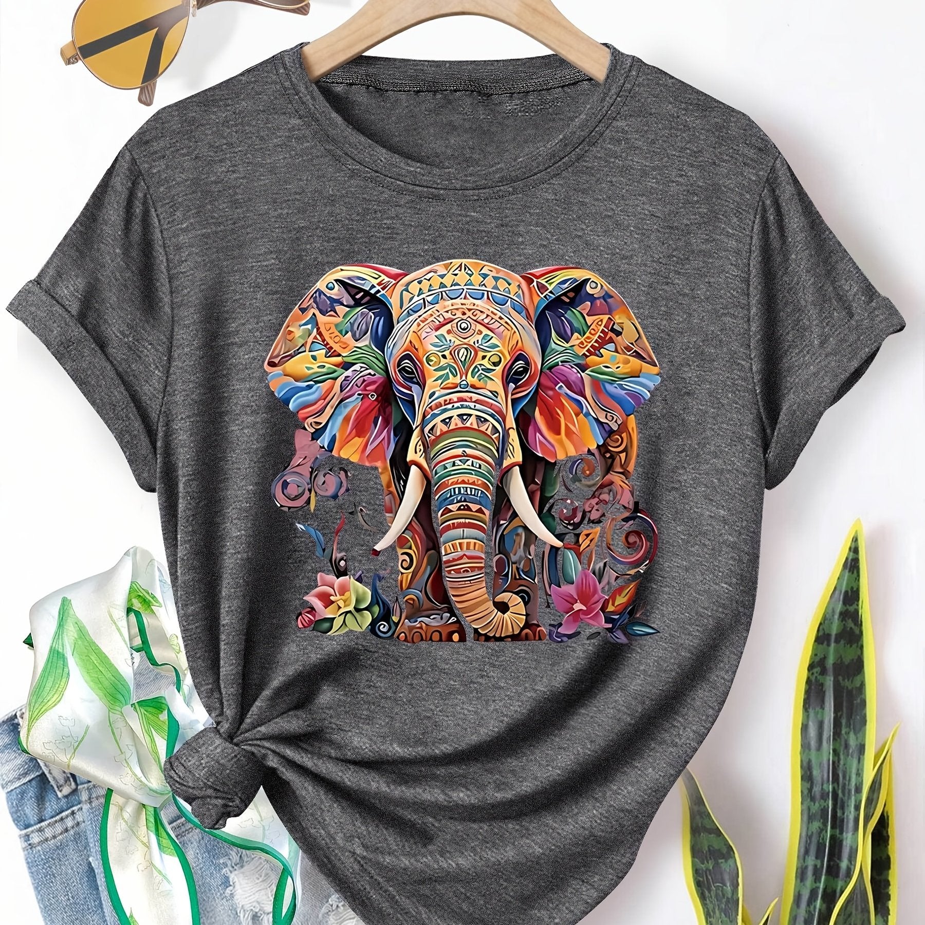 Menya | Dames-T-shirt met olifantenprint – Casual T-shirt in retrostijl met ronde hals en korte mouwen