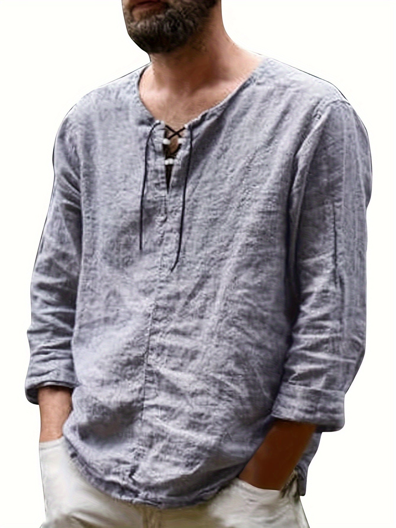 Arne | Chemise homme en coton et lin - manches longues, coupe ample décontractée, col à nouer