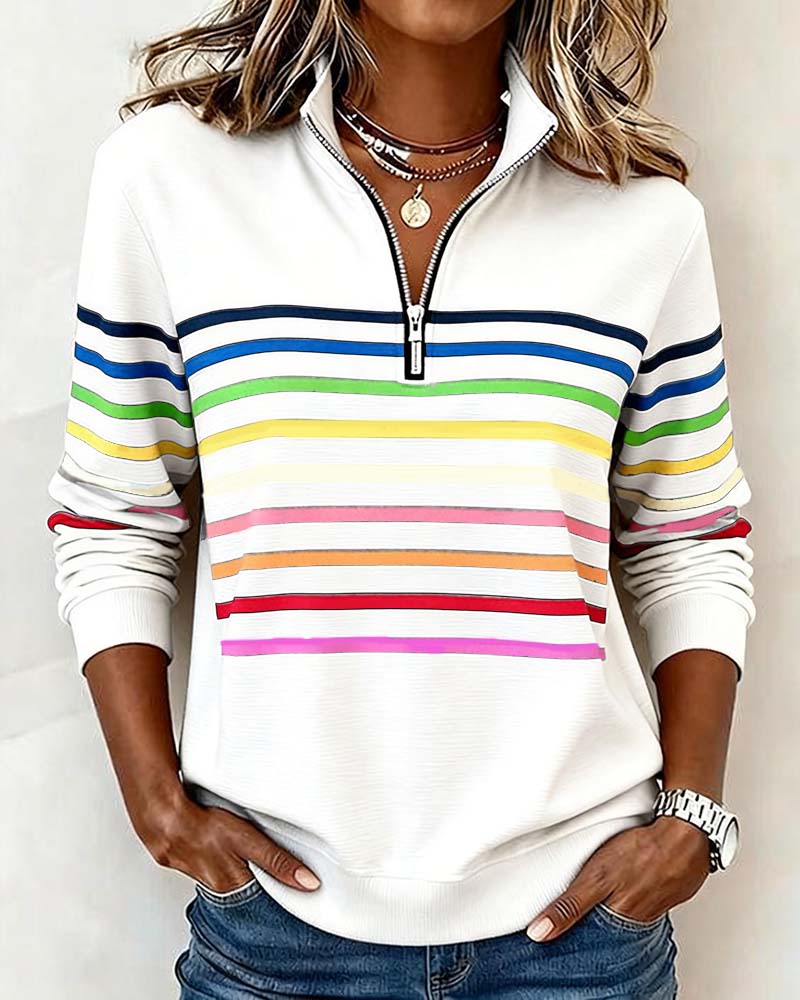 Vayen | Regenboogstreep sweatshirt met halve rits voor dames – Casual pullover, trendy kleurrijke top