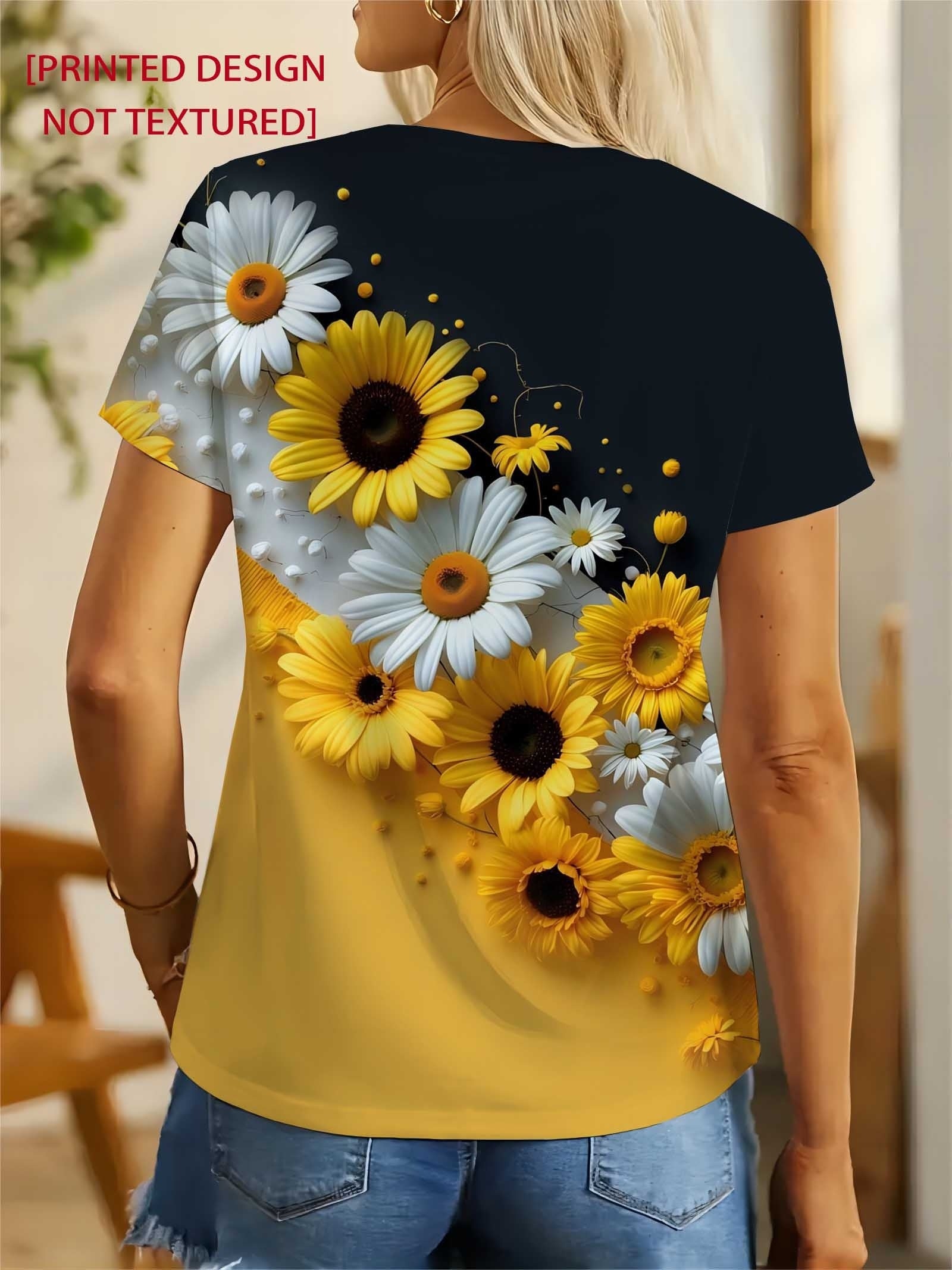 Nyzirelen | Dames-T-shirt met zonnebloemenprint – Casual zomertop met ronde hals