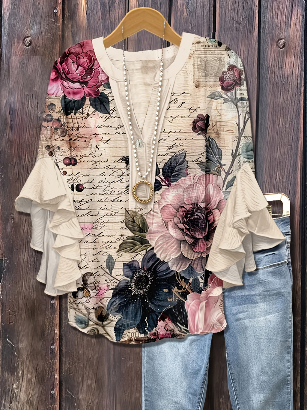 Avalyss | Damesblouse met print en volantmouwen – Casual, ruimvallende pullover