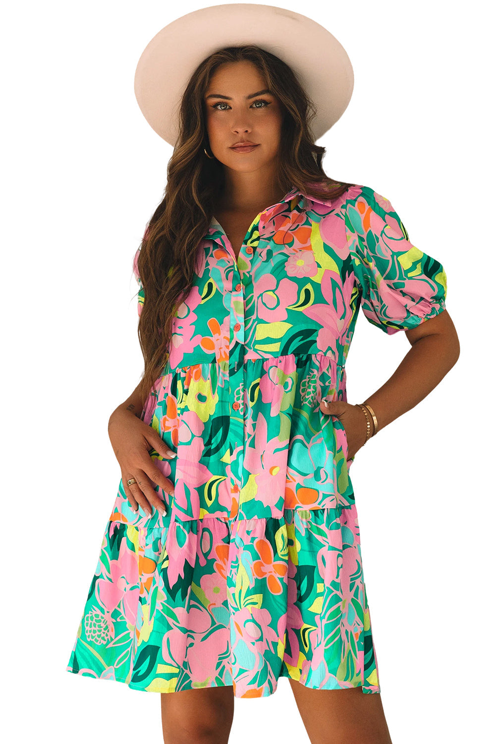 Melantha | Groene bloemenprint babydoll jurk met pofmouwen en kraag – Lichtgewicht zomerjurk