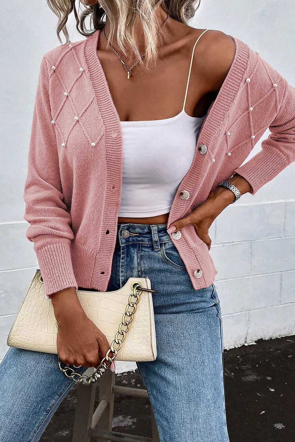 Crescenda | Elegante Kaschmir-Strickjacke mit Perle – Luxuriöse Damen-Strickjacke für Herbst/Winter