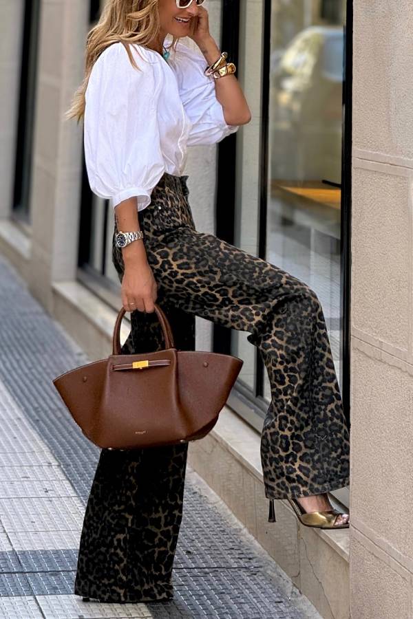 Ceryn | Dames wide-leg jeans met luipaardprint – high-waist denim broek met zakken