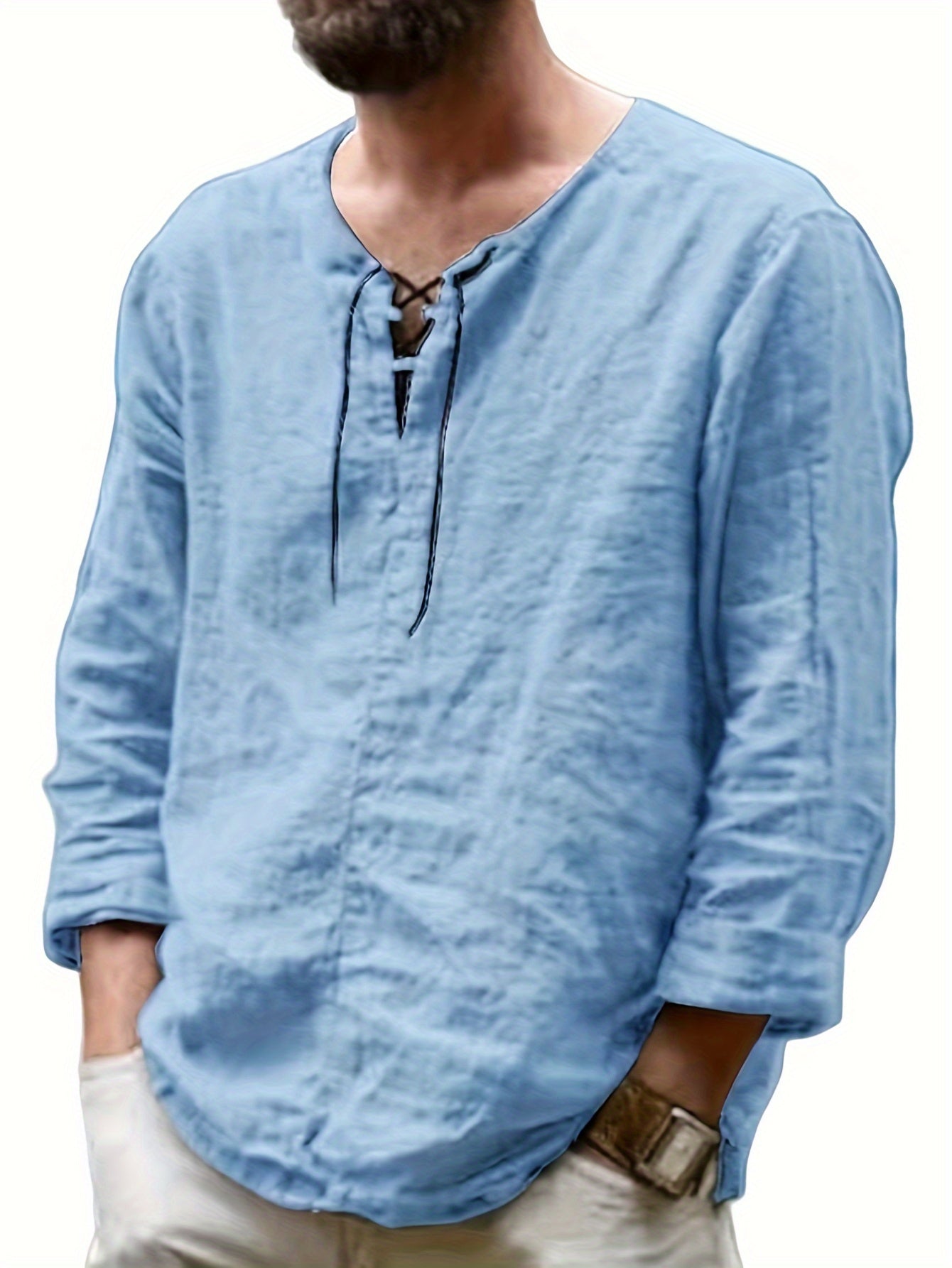 Arne | Chemise homme en coton et lin - manches longues, coupe ample décontractée, col à nouer