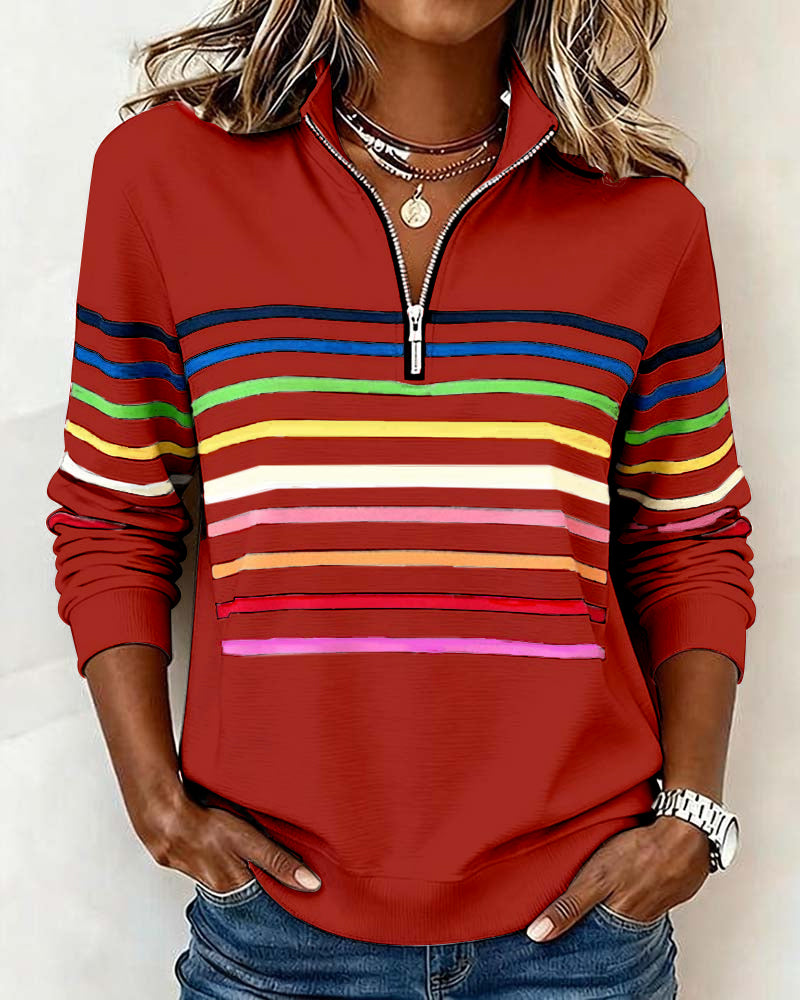 Vayen | Regenboogstreep sweatshirt met halve rits voor dames – Casual pullover, trendy kleurrijke top