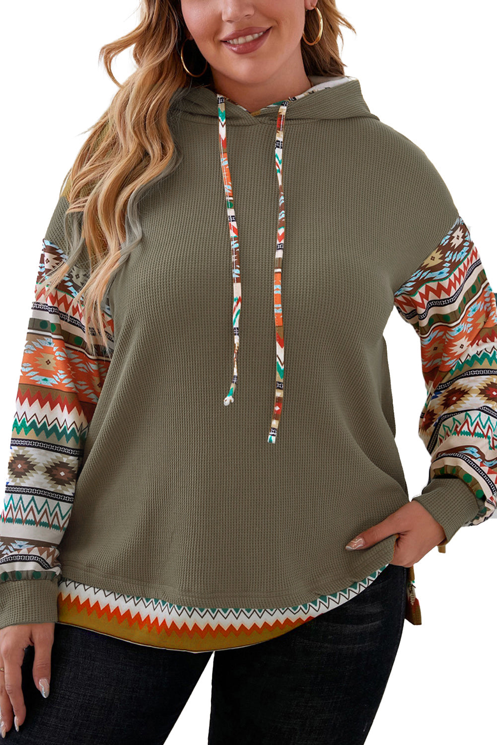 Siyana | Azteekse patchwork wafelhoodie met trekkoord en lange mouwen voor dames