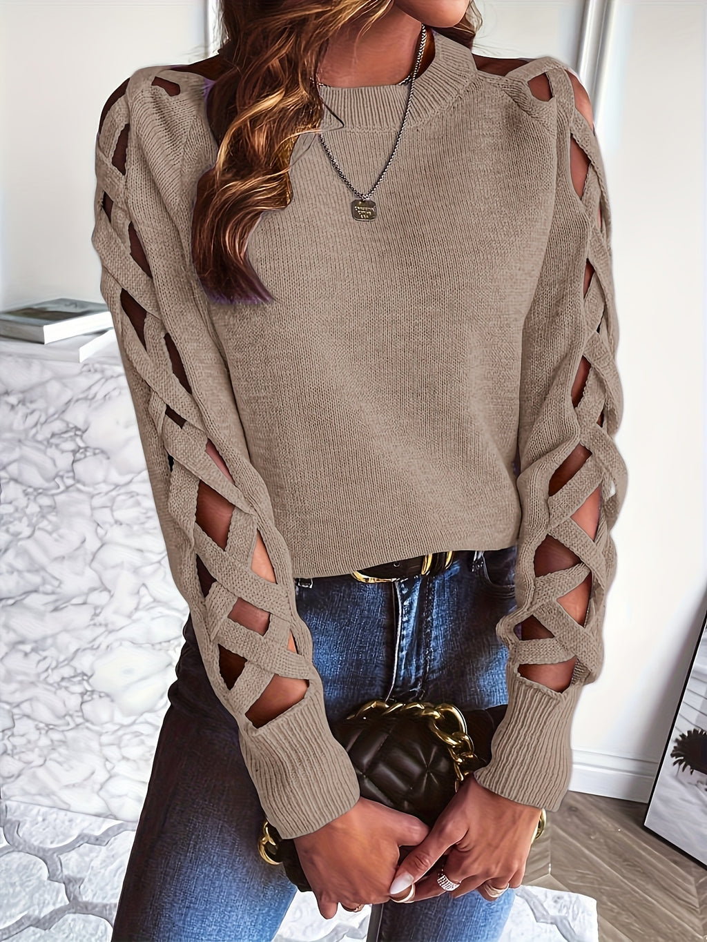 Ardelle | Dames Effen Pullover met Opengewerkte Mouwen – Lichtgewicht Gebreide Top