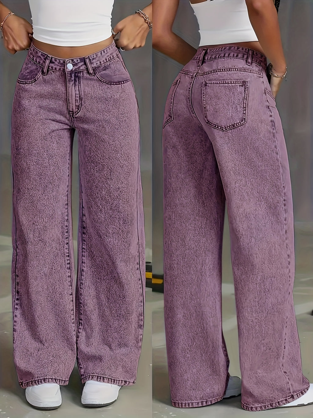 Viridia | Damen-Stretchjeans mit hohem Bund – Locker sitzend, Acid-Wash-Optik, gerades und weites Bein, Bauchkontrolle, Taschen