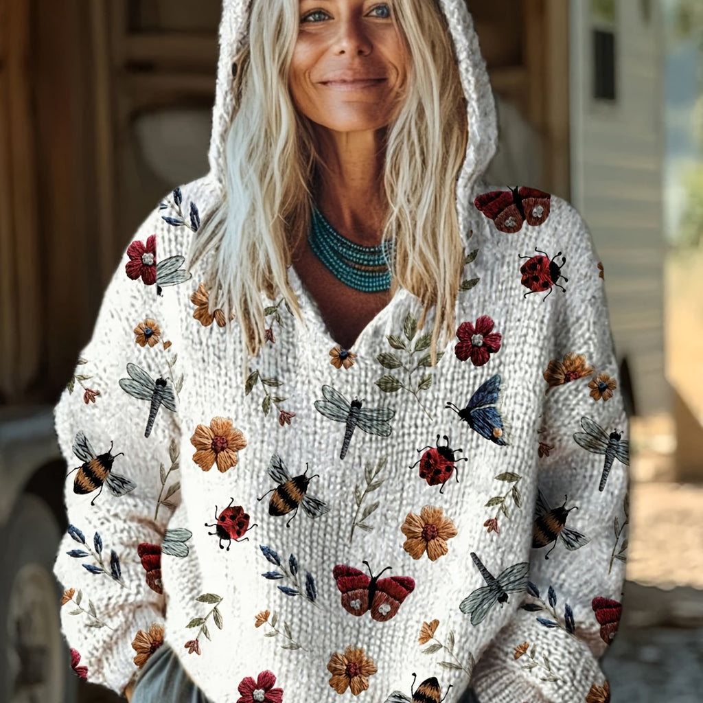 Xyrina | Hoodie met Bloemenprint – Casual Losse Pasvorm, Gebreide Sweater met Capuchon