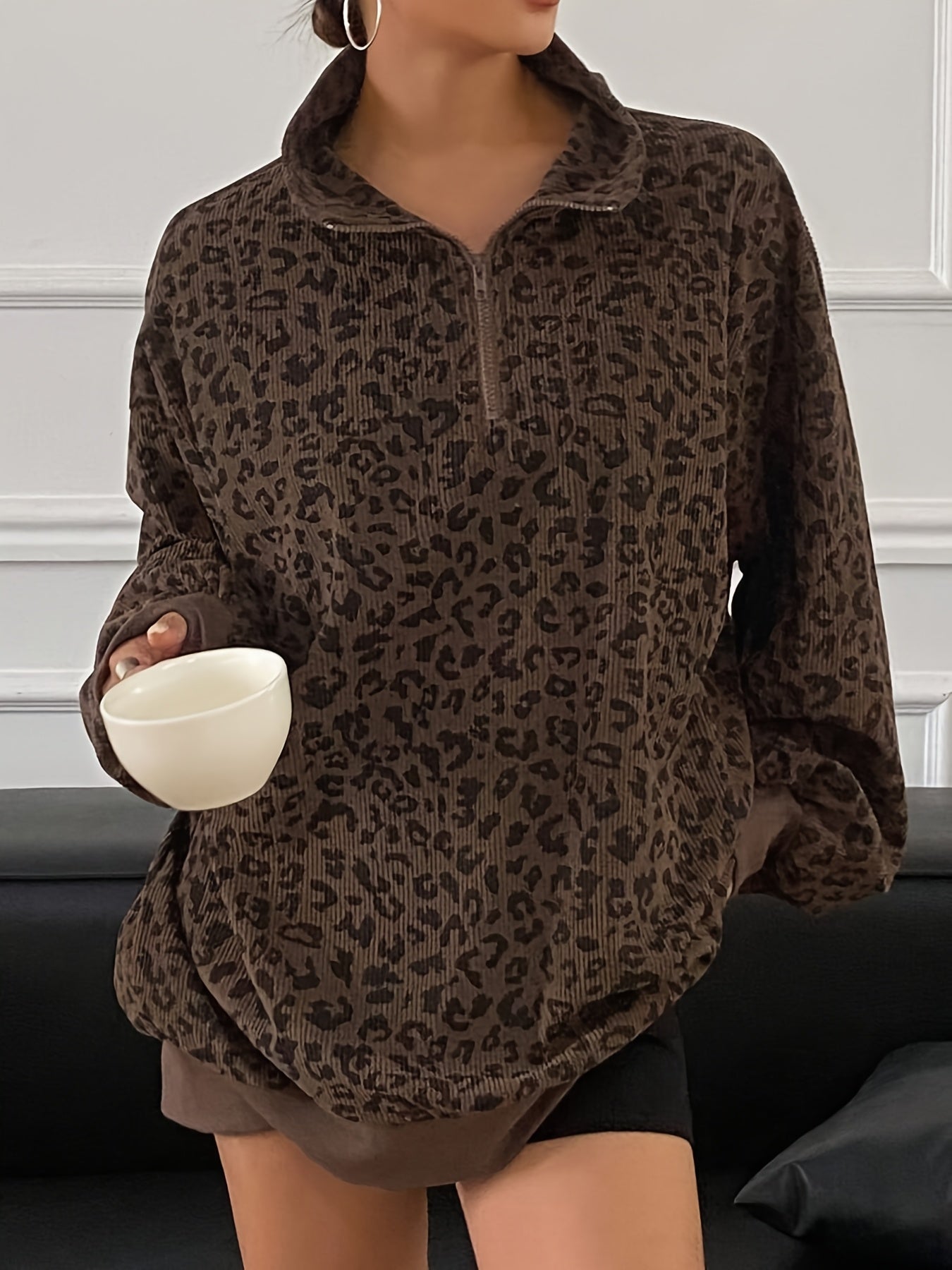 Oriella | Dames Sweatshirt met Luipaardprint en Halve Rits – Losvallende Pasvorm